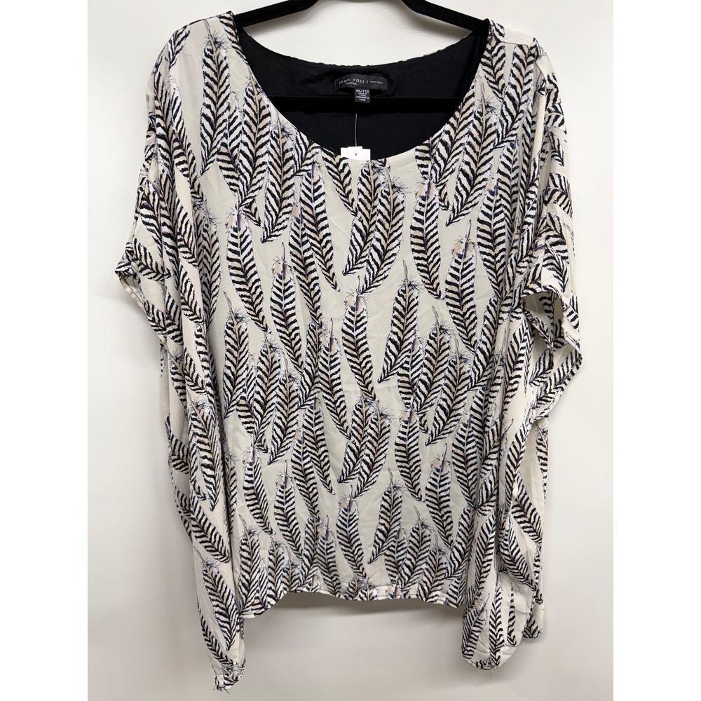 Joan Vass Womens 2X Beige Black Feather Print Tunic Top Blouse‎ Flowy Boho NWT
